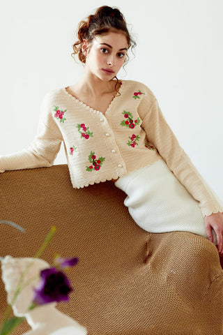 Estella Flower Embroidered Cropped Cardigan