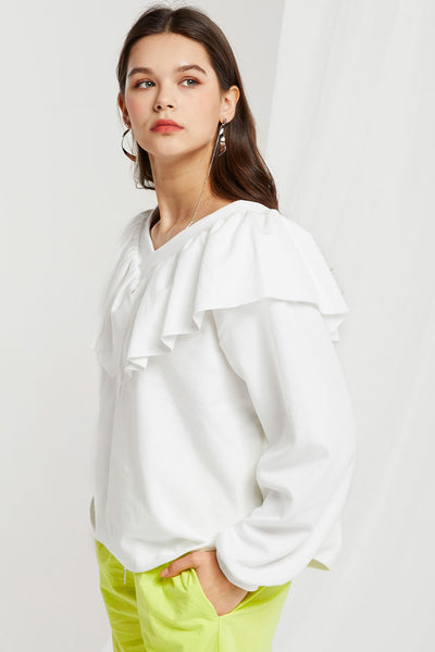 Cosima V-Neck Ruffle Sweatshirt