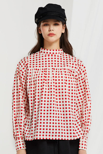 Stien Mock Neck Checkered Blouse