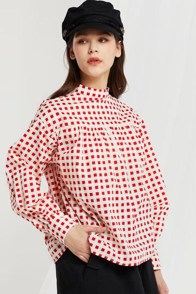 Stien Mock Neck Checkered Blouse