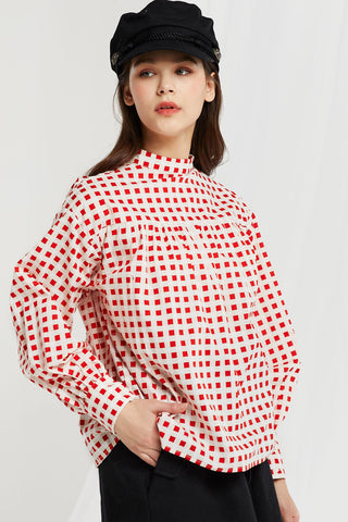 Stien Mock Neck Checkered Blouse