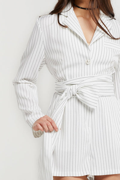 Nicolina Pinstripe Romper w/ Sash Belt