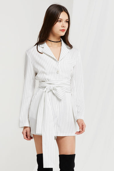 Nicolina Pinstripe Romper w/ Sash Belt