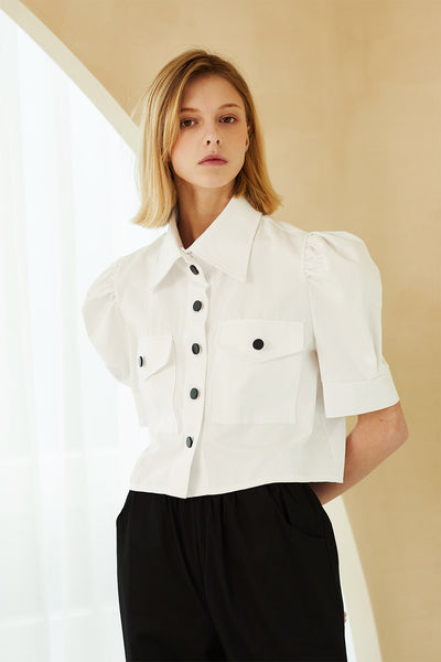 Everly Contrast Button Crop Shirt