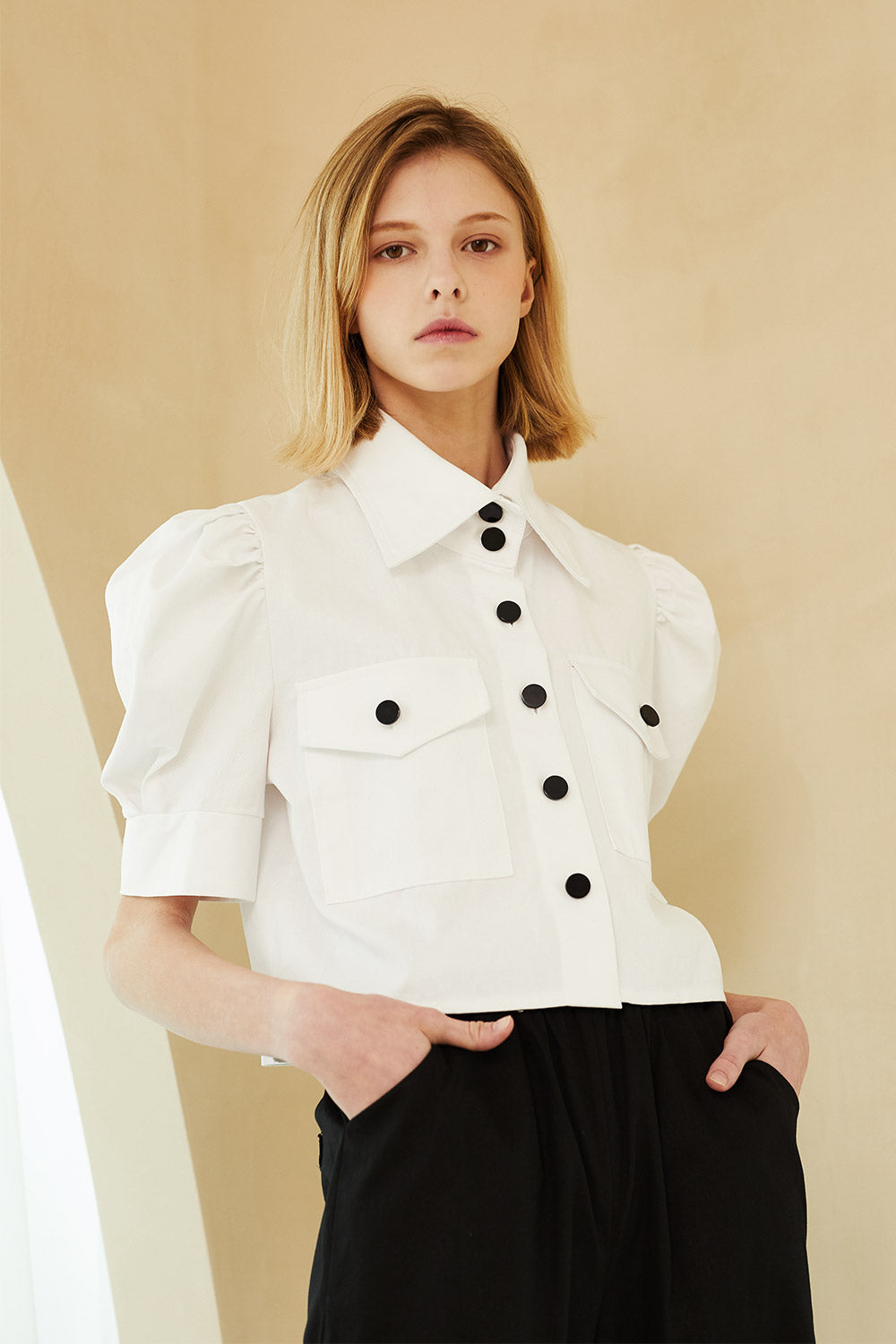 Everly Contrast Button Crop Shirt