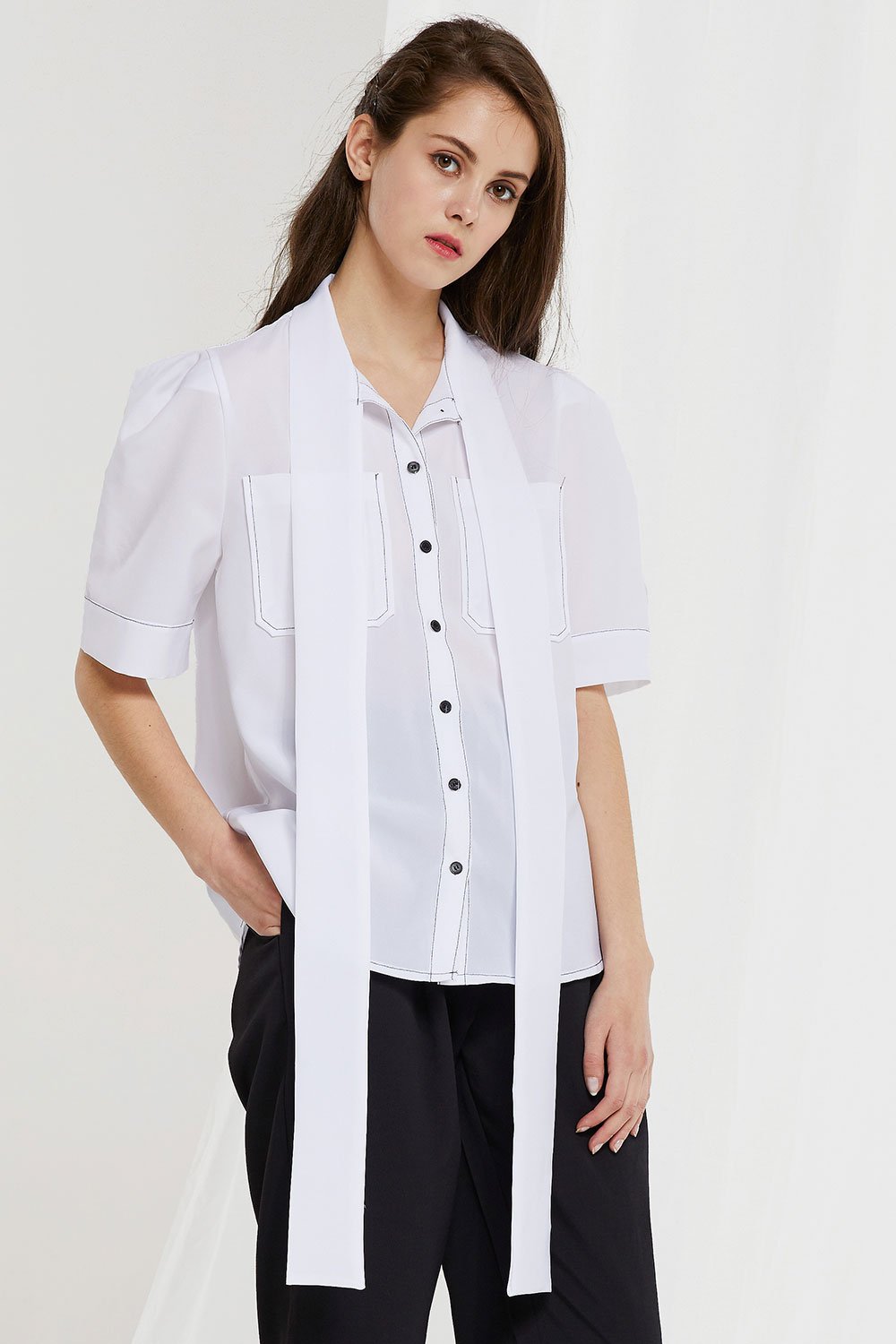 Charlotte Contrast Stitch Sheer Shirt by STORETS