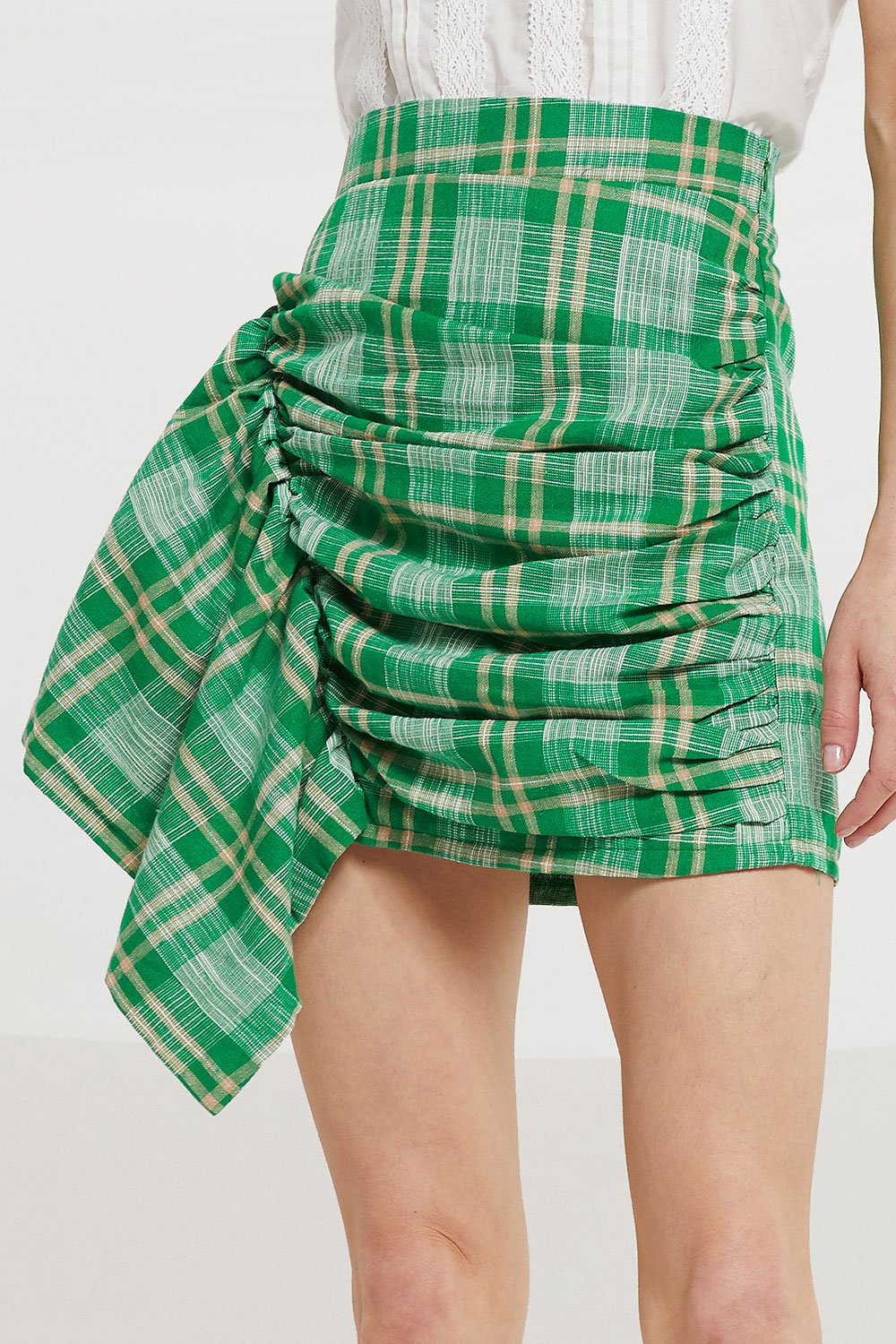 Danna Asymmetric Ruched Skirt in Check