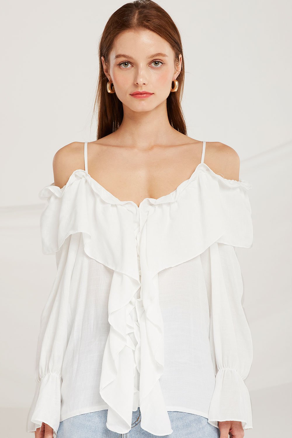 Claudia Ruffle Cold Shoulder Blouse by STORETS