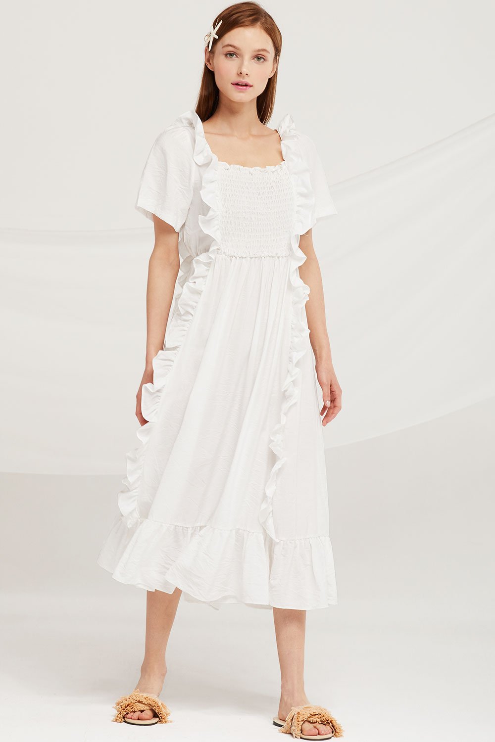 Eliza Ruffle Trim Smocked Dress by STORETS