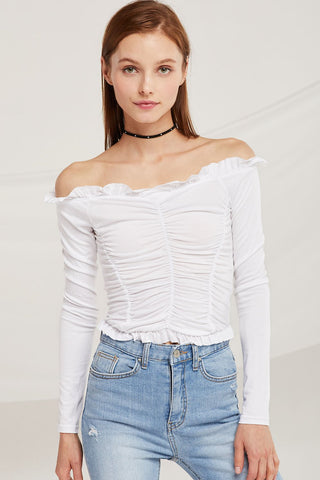 Claire Ruched Front Off Shoulder Top by STORETS