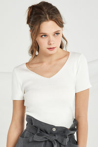 Anastasia V Neck Rib-Knit Top by STORETS