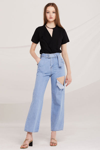 Louisa Belted Slash Ripped Jeans