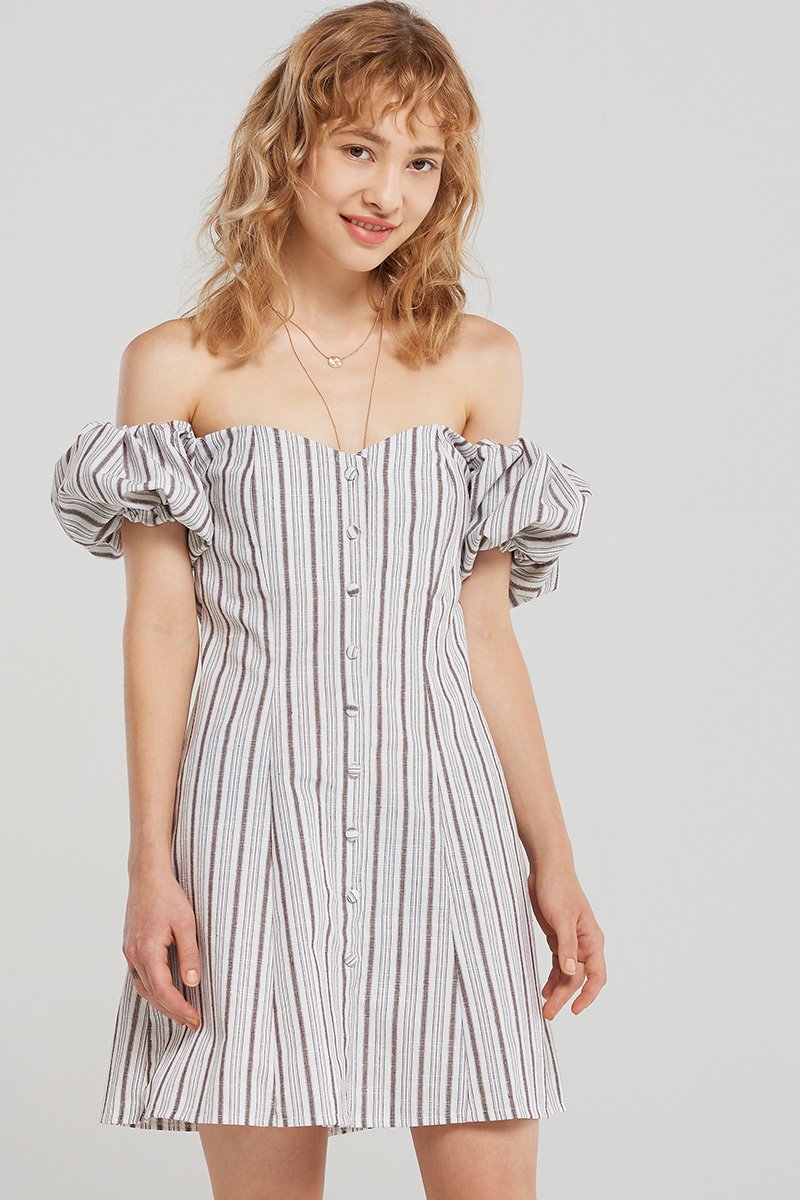 Ariyah Buttoned Stripe Off Dress-Brown