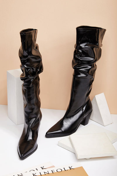 Shirred Patent Pleather Heeled Boots