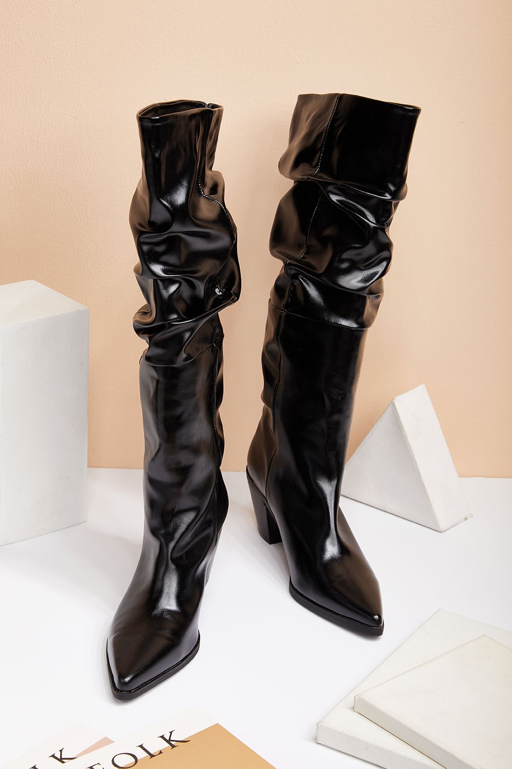 Shirred Patent Pleather Heeled Boots