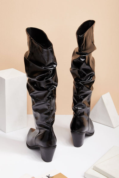 Shirred Patent Pleather Heeled Boots