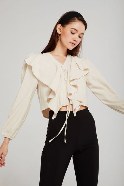 Hannah Eyelet Lace-Up Ruffle Blouse