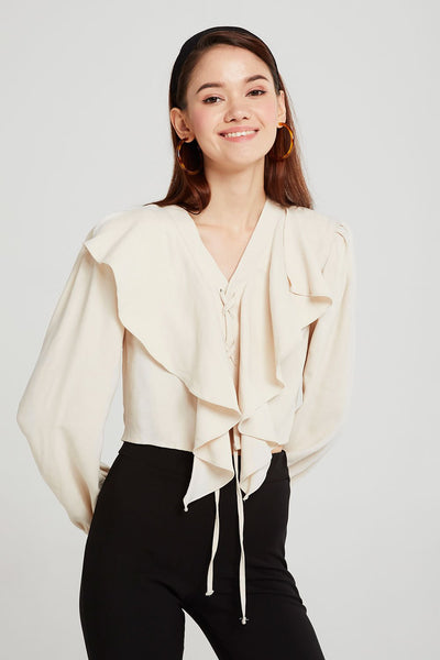 Hannah Eyelet Lace-Up Ruffle Blouse