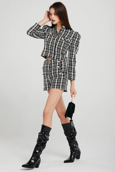 Jane Pearl Embellished Plaid Shorts