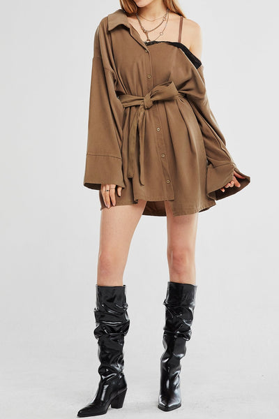 Ruby Cold Shoulder Shirt Dress w/Belt