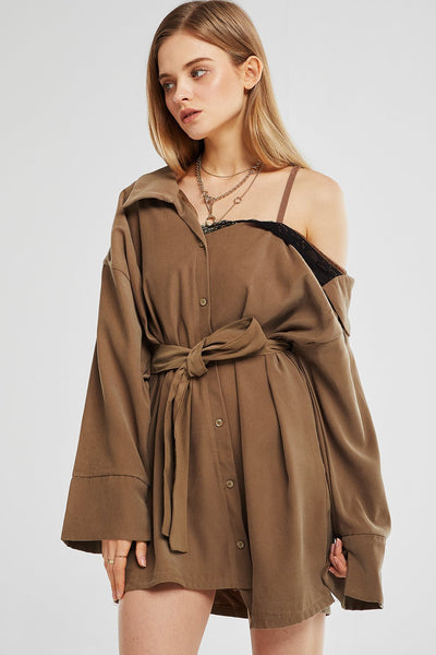 Ruby Cold Shoulder Shirt Dress w/Belt