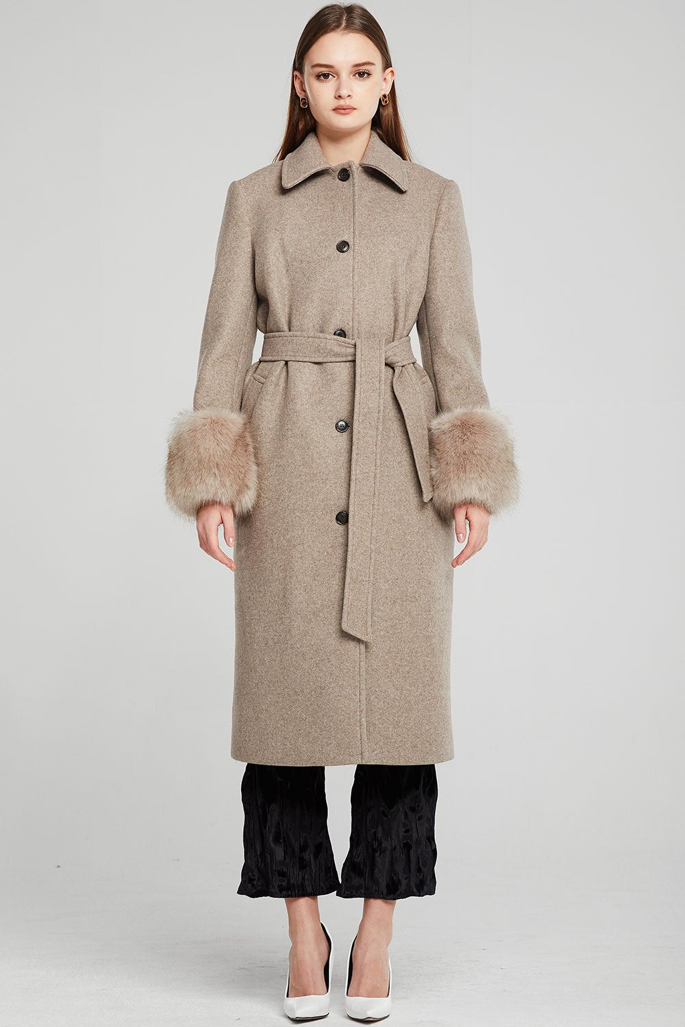 Dorothy Fur Cuff Long Coat w/Belt