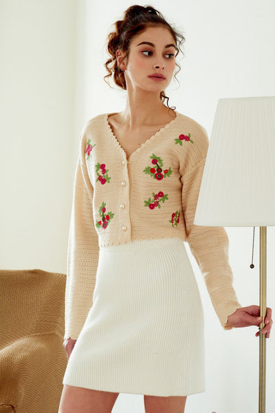 Estella Flower Embroidered Cropped Cardigan