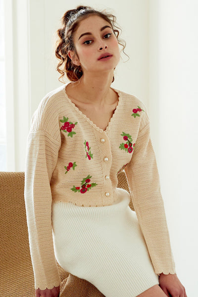 Estella Flower Embroidered Cropped Cardigan