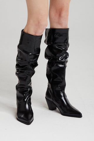 Shirred Patent Pleather Heeled Boots