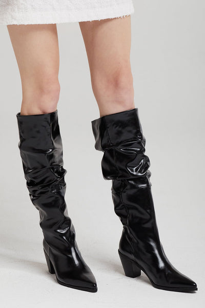 Shirred Patent Pleather Heeled Boots