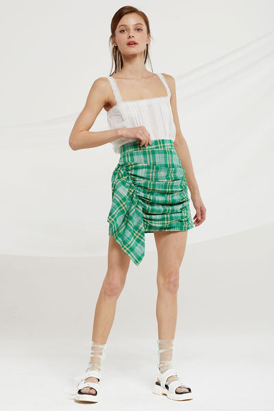 Danna Asymmetric Ruched Skirt in Check