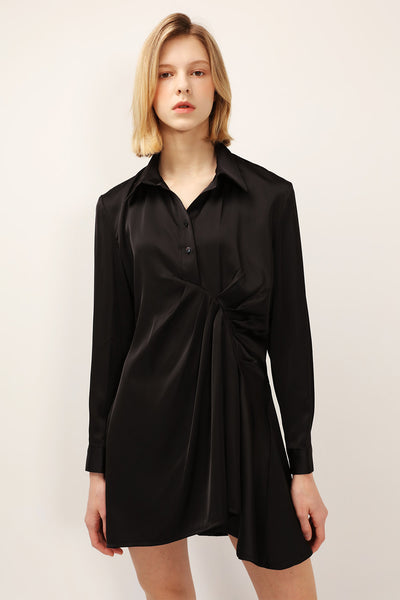 Cadence Satin Ruched Shirt Dress