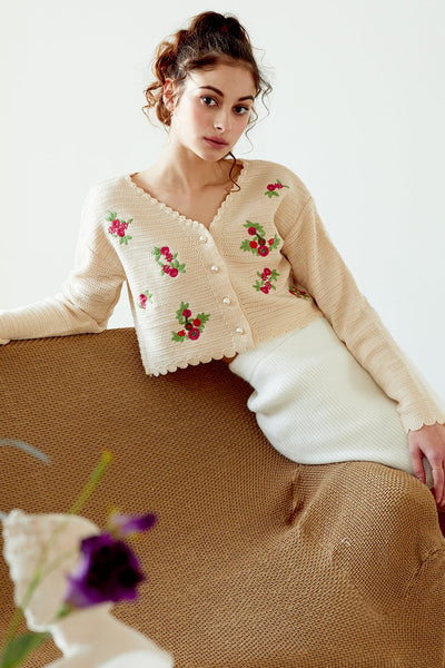 Estella Flower Embroidered Cropped Cardigan